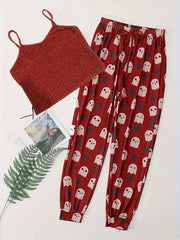 Halloween Pajama Set Women's Ribbed Knit Cami Top & Ghost Print Pants