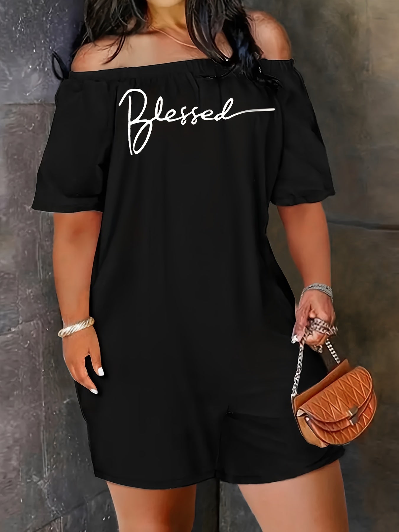 Art Letter Print Off Shoulder Romper
