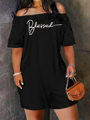 Art Letter Print Off Shoulder Romper