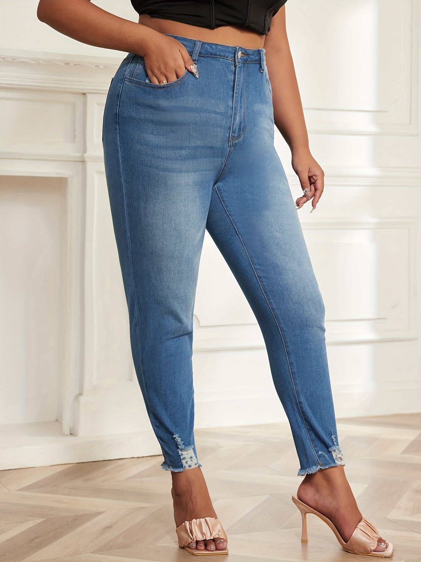 Ripped Fringe Trim High Rise Skinny Jeans