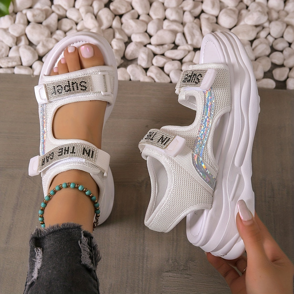 Women's Sports Sandals With Rhinestone Decor Thick Sole Shock Absorption