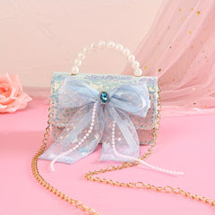Sweet Princess Girls Bow Diamond Handbag with Pearl Handle