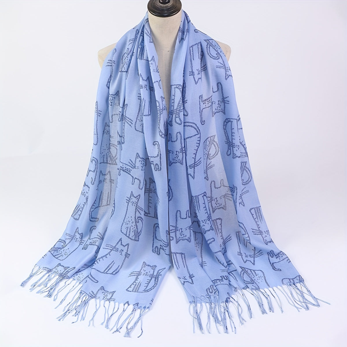 Cartoon Cat Print Tassel Scarf Solid Shawl Casual Windproof Head Wrap Women