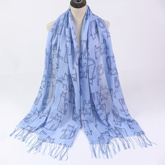 Cartoon Cat Print Tassel Scarf Solid Shawl Casual Windproof Head Wrap Women
