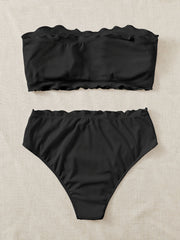 Bikini Set Solid Wave Trim Tube Bra & Panty Swimsuit 2 Piece Set