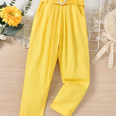 Girls Yellow Casual Trousers Elastic Waist Pocket Pants With Belt