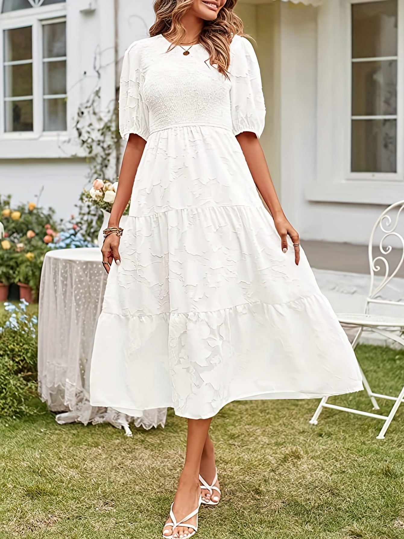 Jacquard Crew Neck Maxi Dress Ruched Short Sleeve
