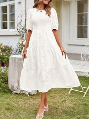 Jacquard Crew Neck Maxi Dress Ruched Short Sleeve