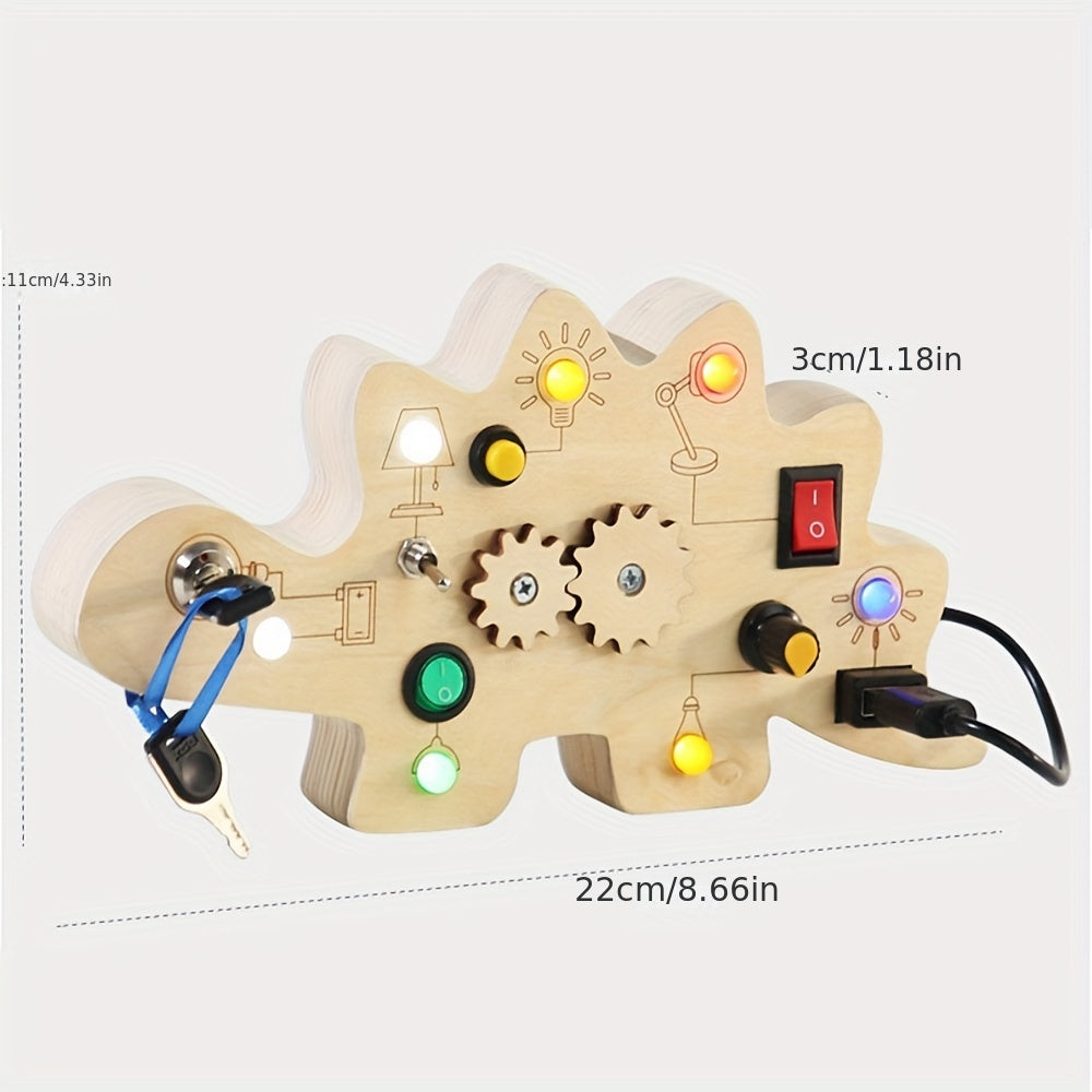 LED Wooden Dinosaur Busy Board Sensory Toy Montessori Infant Child Education