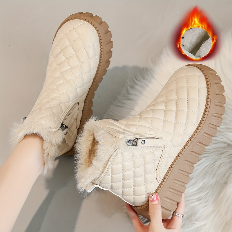 Women's Argyle Quilted Snow Boots Fleece Lining Zipper Platform Warm Ankle Boots