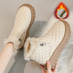 Women's Argyle Quilted Snow Boots Fleece Lining Zipper Platform Warm Ankle Boots
