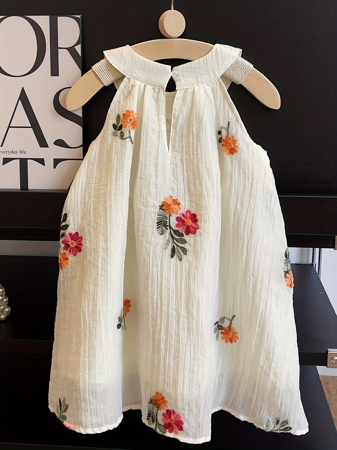 Floral Embroidered Linen Halter Dress For Girls