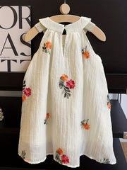Floral Embroidered Linen Halter Dress For Girls