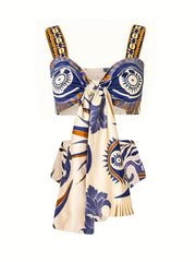 Retro Bikini Set Floral Leopard Print Knot Front Swimsuit Cover Up