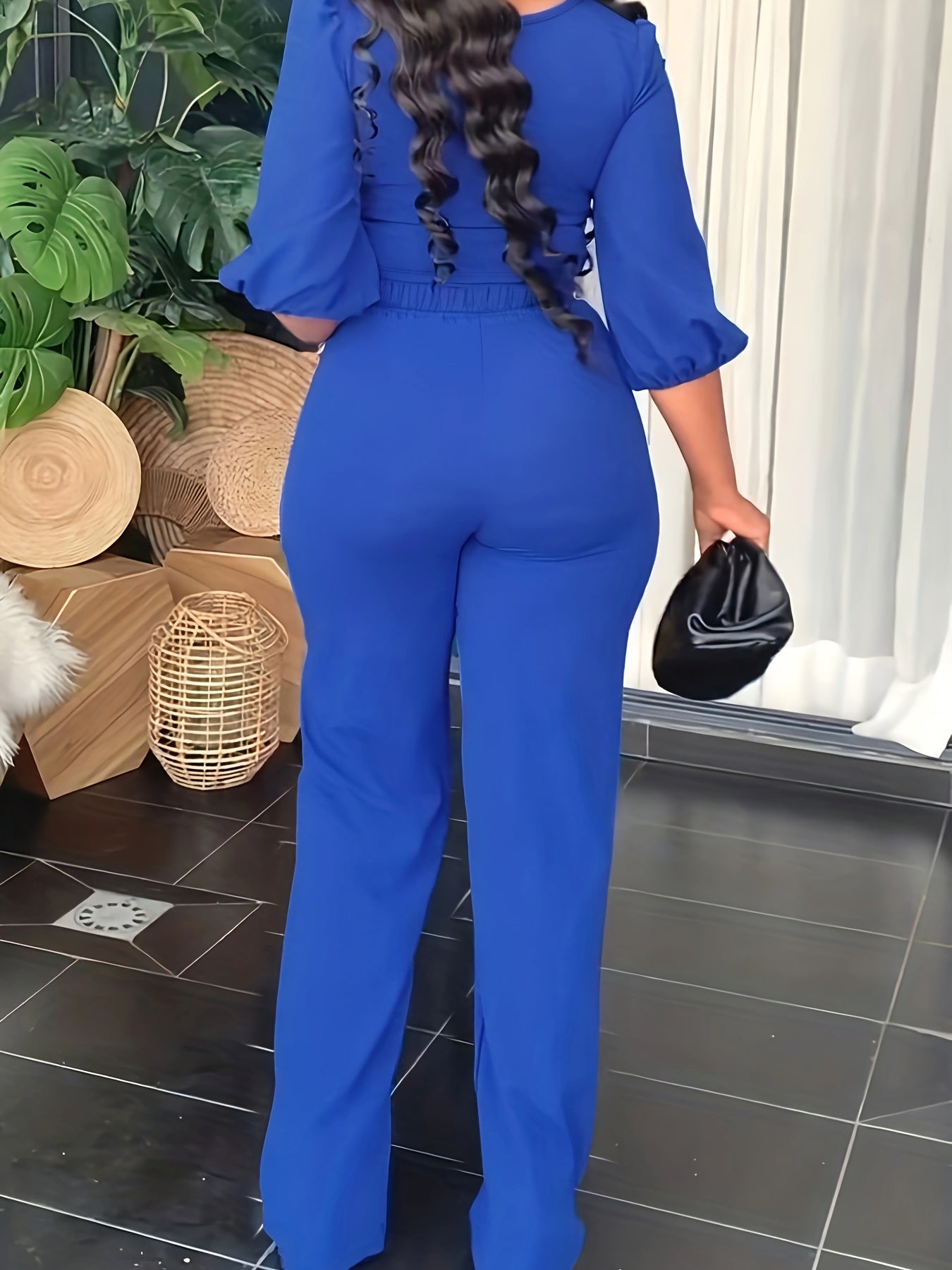 Solid Two piece Set Lantern Sleeve Crop Blouse & Wide Leg Pants Outfits