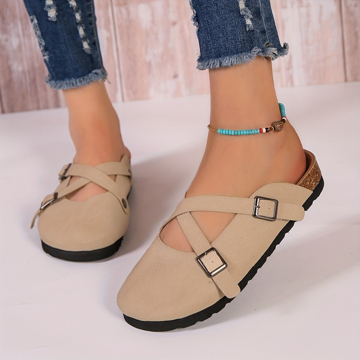 Women's Cross Buckle Strap Mules Casual Slip On Flat Shoes