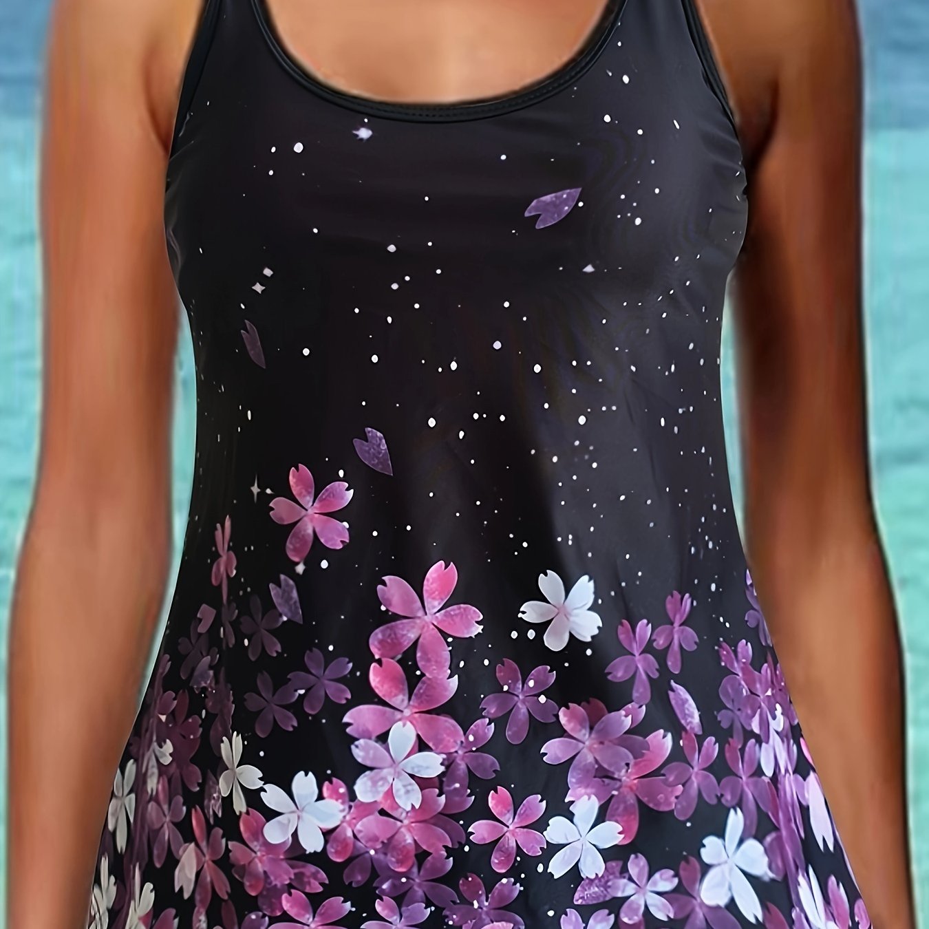 Floral Print Tankini Set Round Neck Boxer Short Bottom Swimsuit