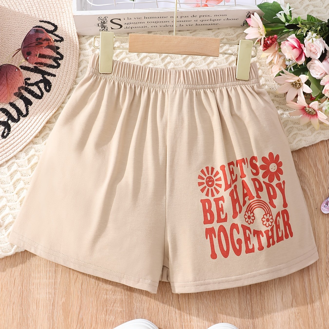 Toddler Girls BE HAPPY Flowers Graphic Elastic Waist Sports Shorts