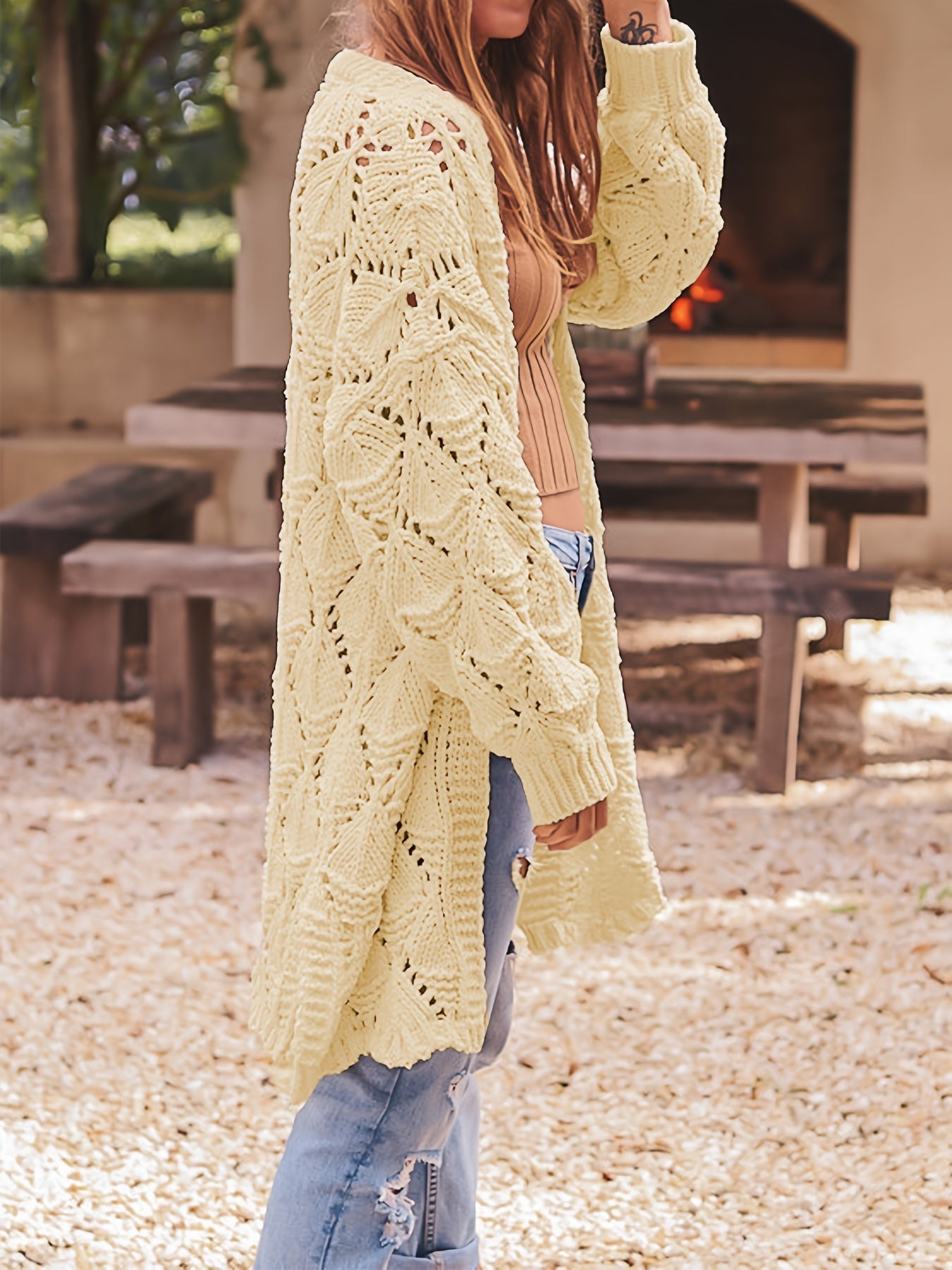 Hollow Out Open Front Knitted Cardigan