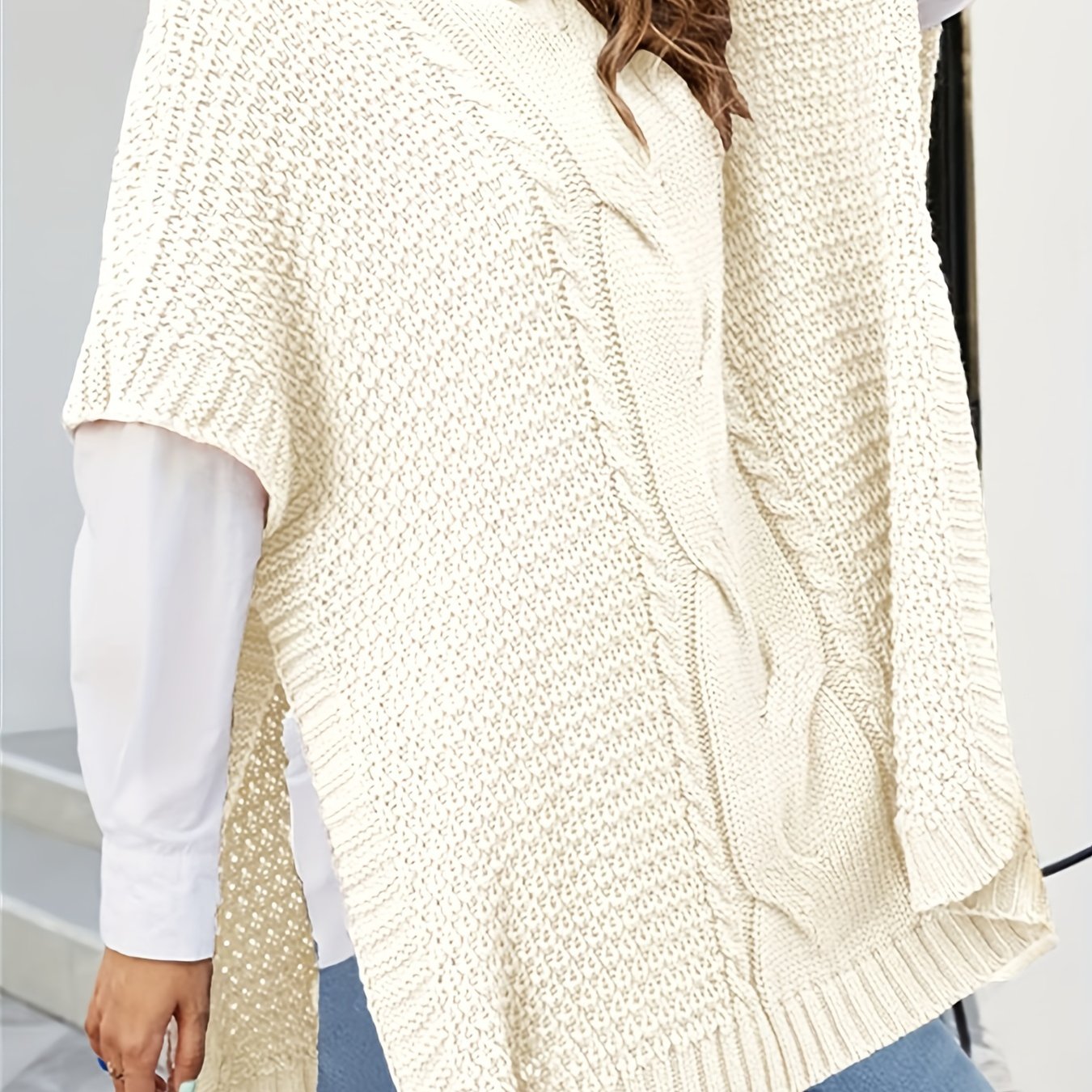 Casual Sweater Women's Plus Solid Cable Batwing Sleeve High Neck