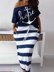 Anchor & Letter Print One Shoulder Top & Stripe Print Skirt Set
