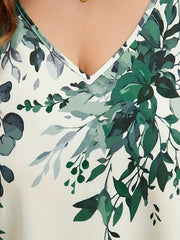 Floral Print Lantern Sleeve V Neck Blouse