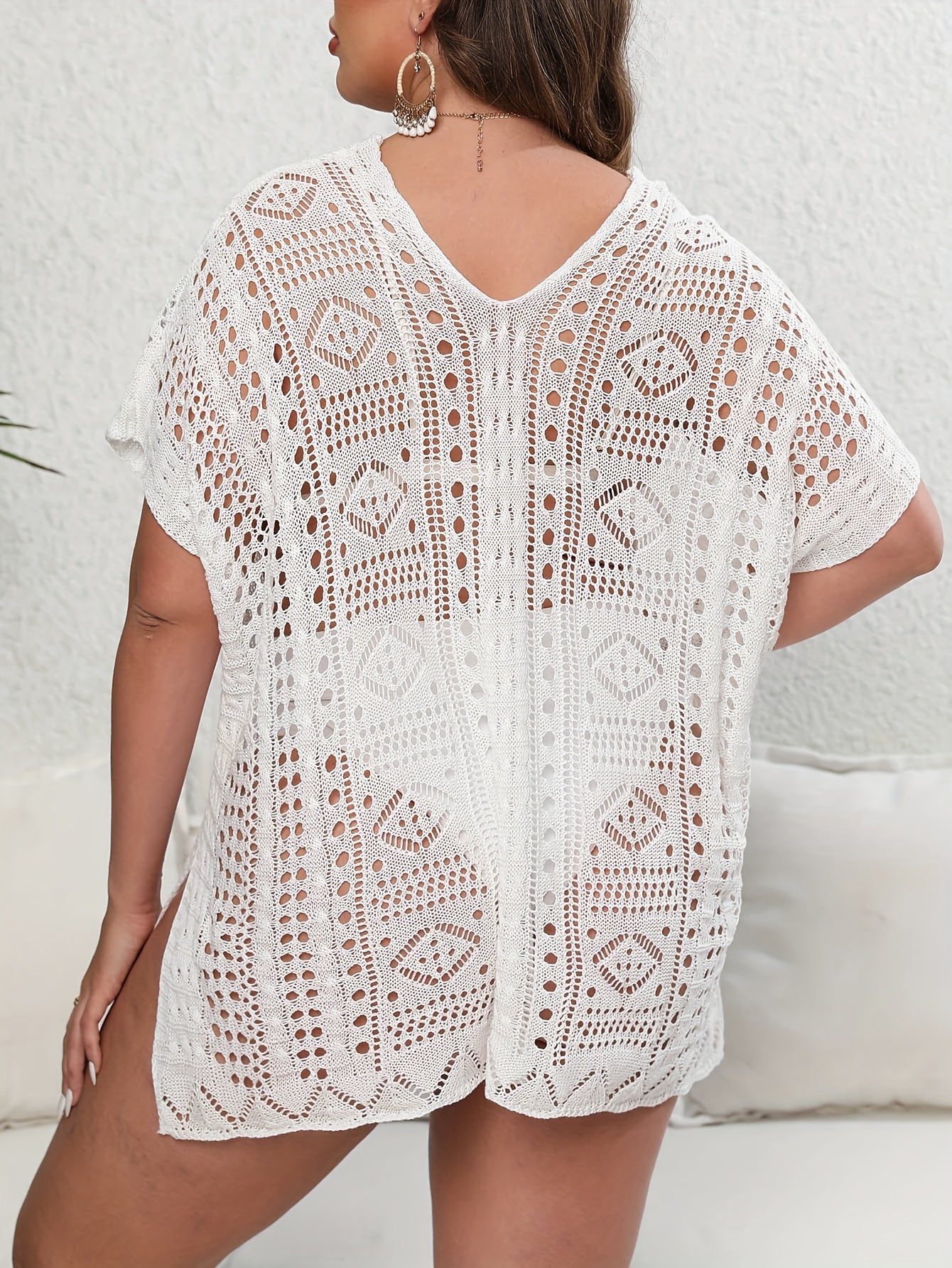 Sexy Cover Up Women's Plus Solid Hollow Out Batwing Sleeve V Neck Sp