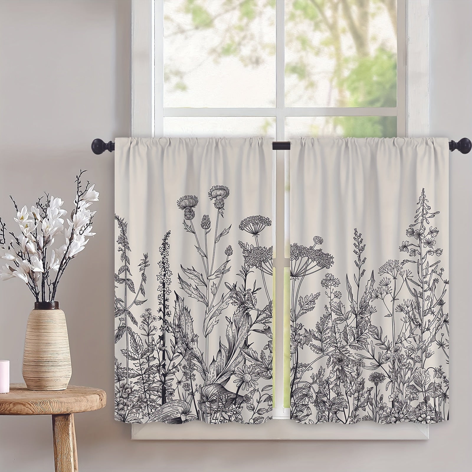 2pcs Floral Flower Botanical Kitchen Curtains Rod Pocket Short Cafe