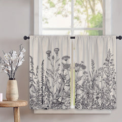 2pcs Floral Flower Botanical Kitchen Curtains Rod Pocket Short Cafe