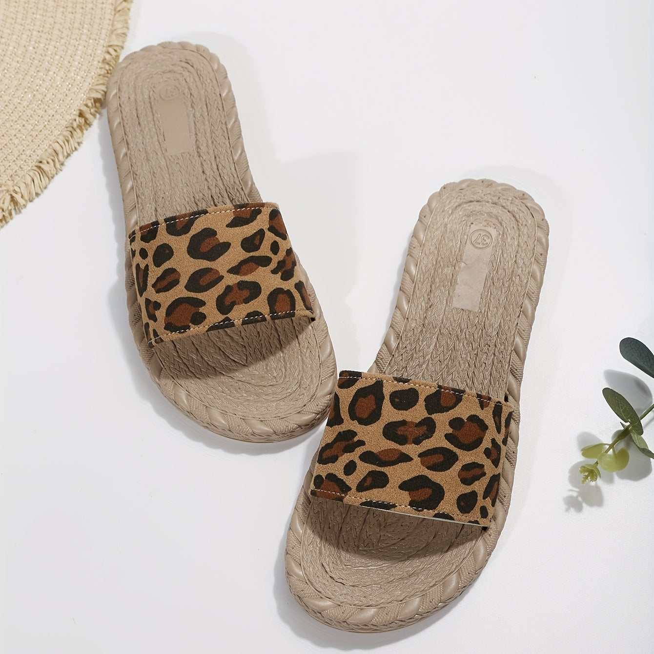 Leopard Print Slip On Sandals Open Toe Non Slip Flat Slides Beach Shoes