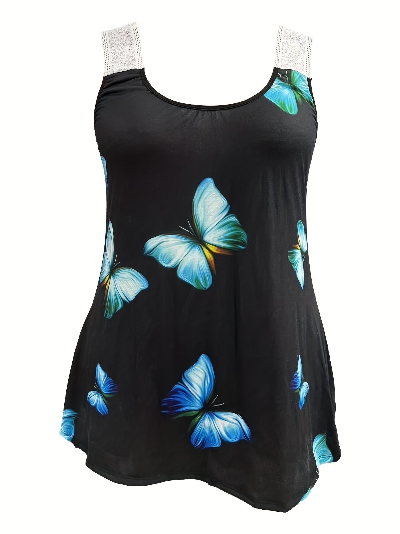 Butterfly Print Lace Panel Scoop Neck Tank Top