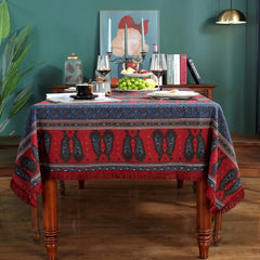 Christmas Cotton Tablecloth with Red Fringe Bohemian Printed Table Flag