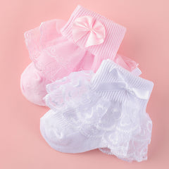 2 Pairs Girls Lace Knit Cotton Socks Bow Decor