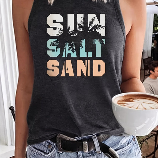 Sun Salt Sand Print Tank Top Sleeveless Crew Neck Beach Tank