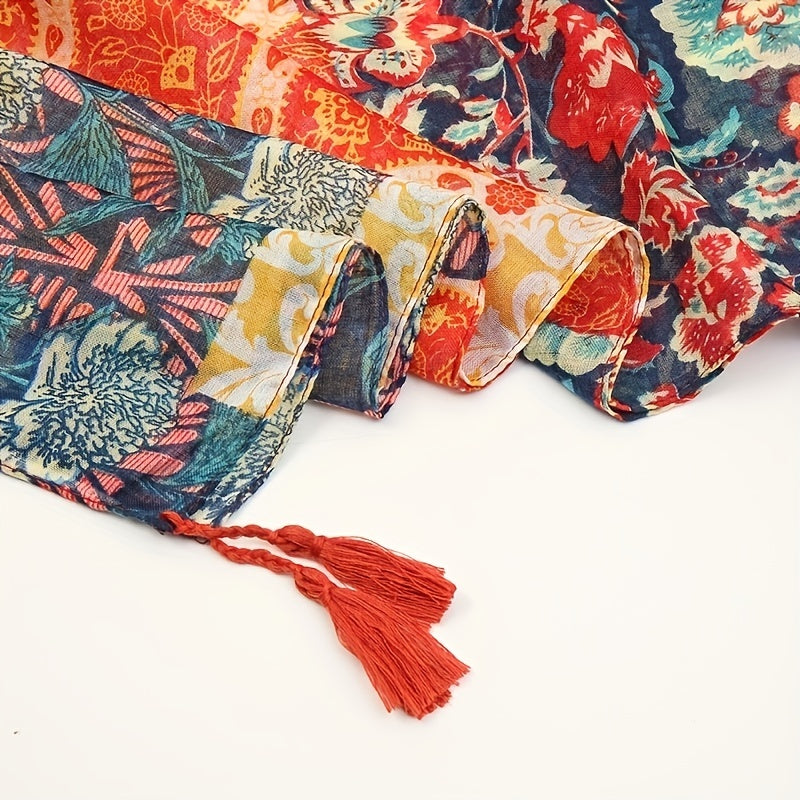 Boho Flower Print Scarf Vintage Tassel Shawl Windproof Head Wrap
