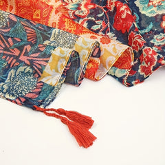 Boho Flower Print Scarf Vintage Tassel Shawl Windproof Head Wrap