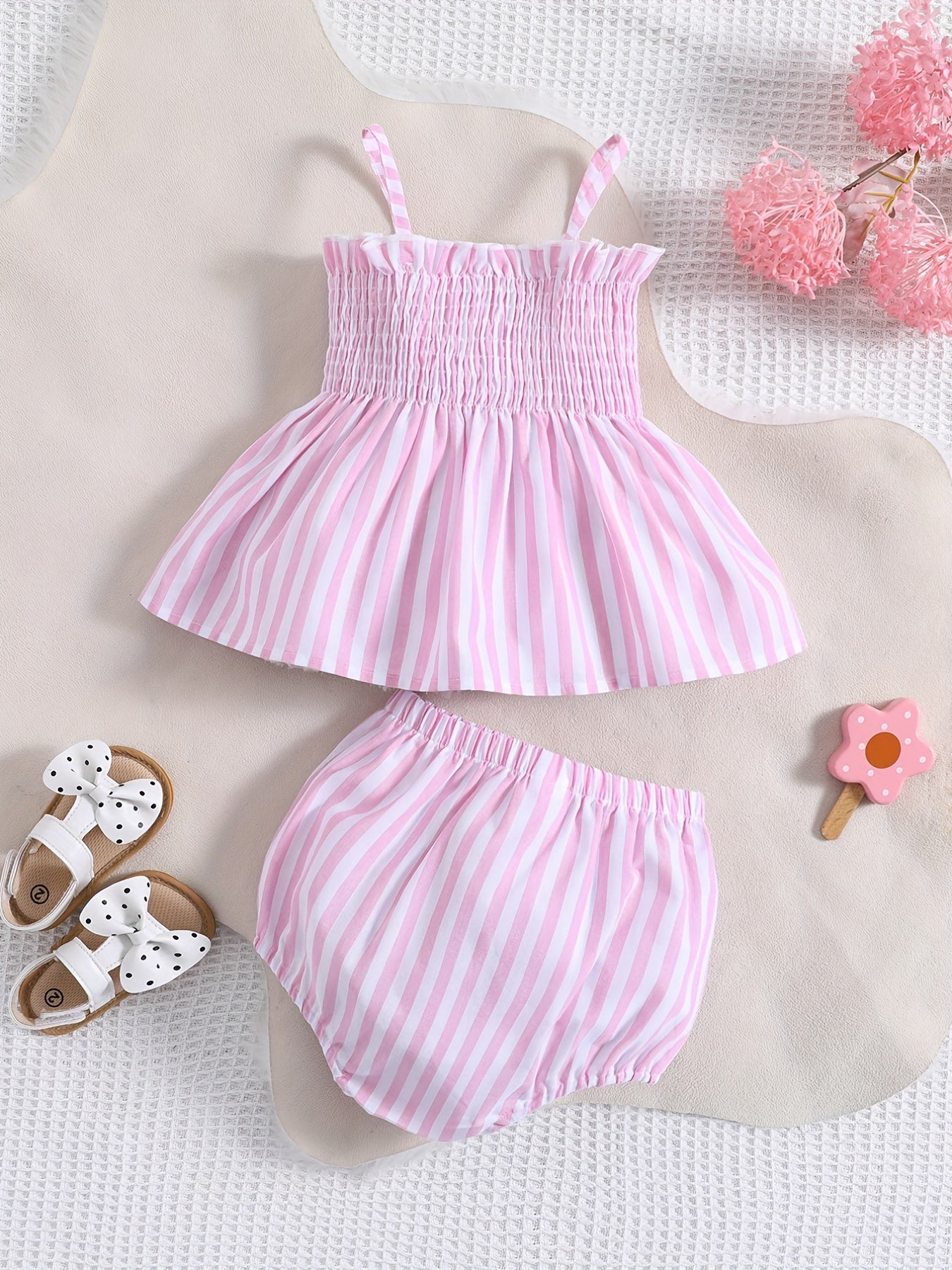 2pcs Baby Girls Bowknot Striped Cami Tops & Shorts Set