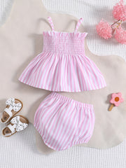 2pcs Baby Girls Bowknot Striped Cami Tops & Shorts Set