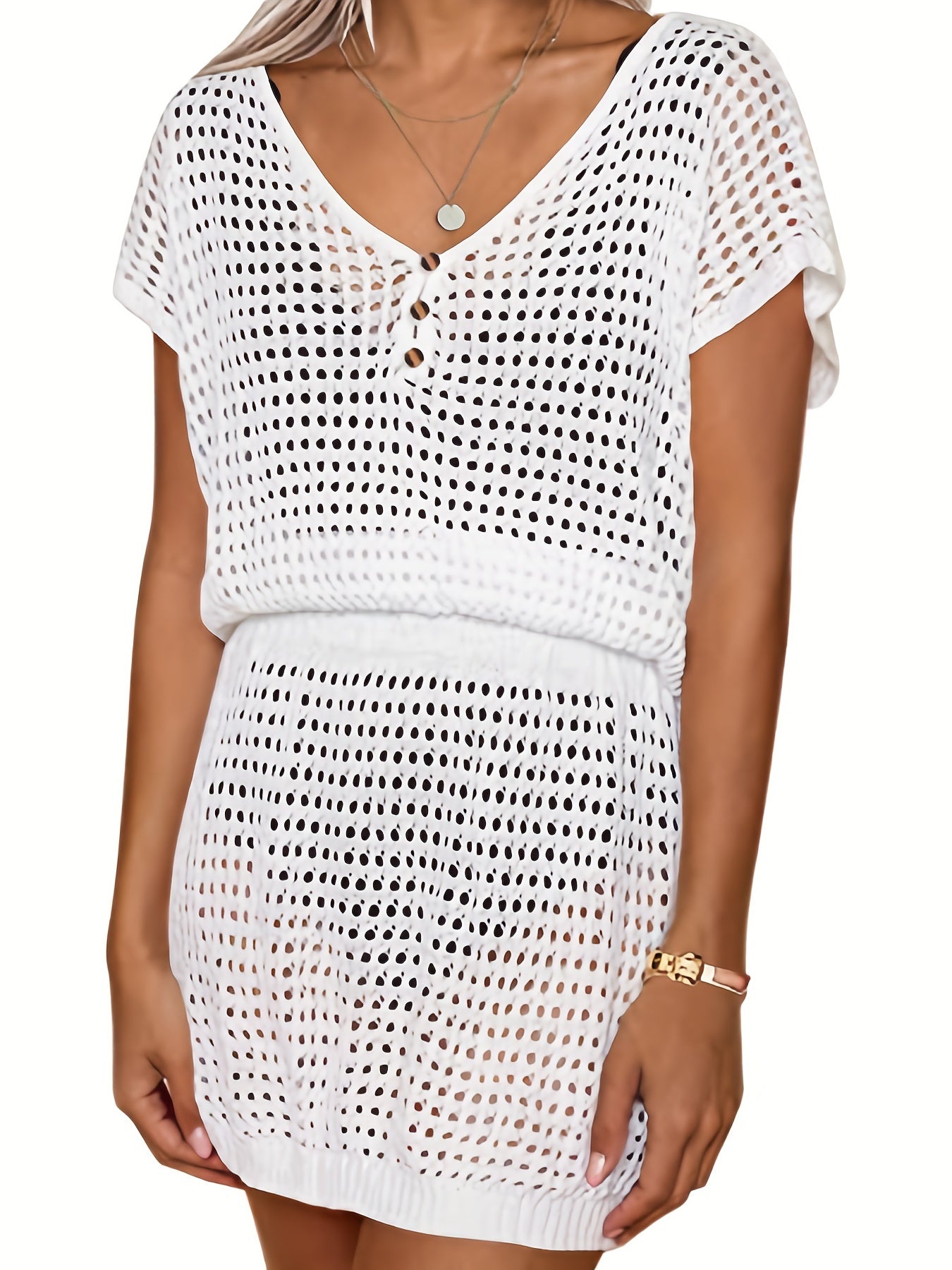 Crochet Cover Up Dress V Neck Short Sleeve Beach Caftan