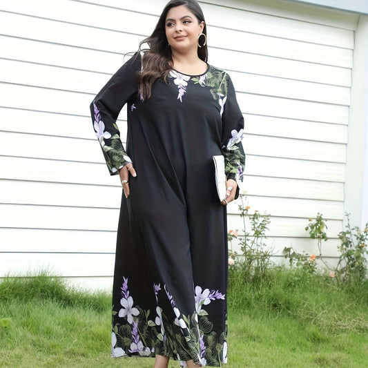 Boho Dress Women's Plus Floral Print Long Sleeve Maxi Dress