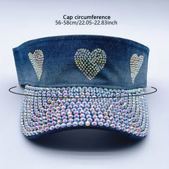 Rhinestone Heart Visor Hat Denim Washed Ponytail Sun Hat