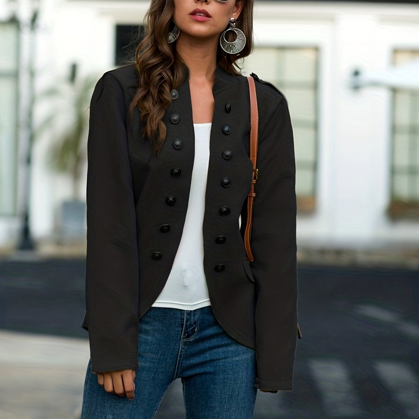 Button Decor Open Front Jacket Long Sleeve for Fall & Winter