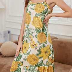Floral Lounge Dress Ruffle Lace Up Slip Home Dress
