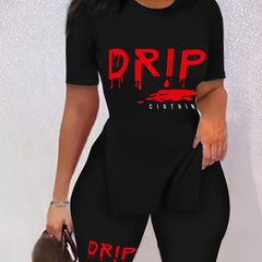 Letter Print Two piece Set Short Sleeve Casual T Shirt & Workout Shorts
