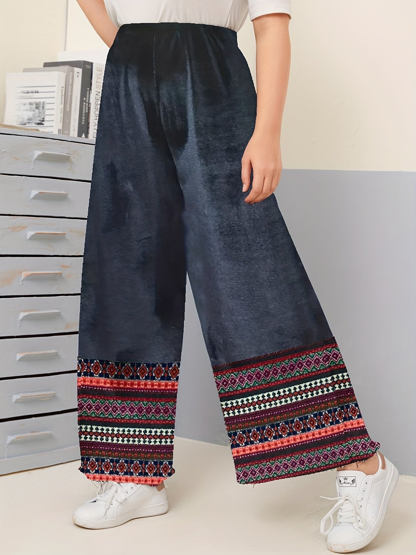 Boho Pants Women's Plus Tribal Print Wide Leg Pants