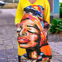 Painting Print Long Sleeve Maxi Dress With Pockets