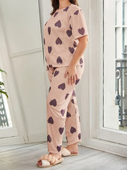 Heart Print Short Sleeve Tee & Pants Loungewear Set