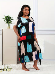 Colorblock Brush Print Round Neck Nightdress