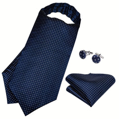 Men's Formal Silk Cravat Hanky Ring Set Ascot Vintage Plain Necktie Scarf