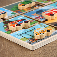 Educational Toy: Wood Track Game with Vehicles & City Scene for Toddlers